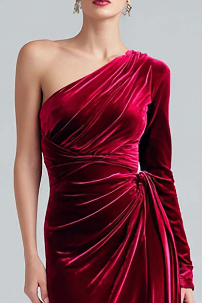 Burgundy Maxi Velvet Sheath One Shoulder Formal Dress