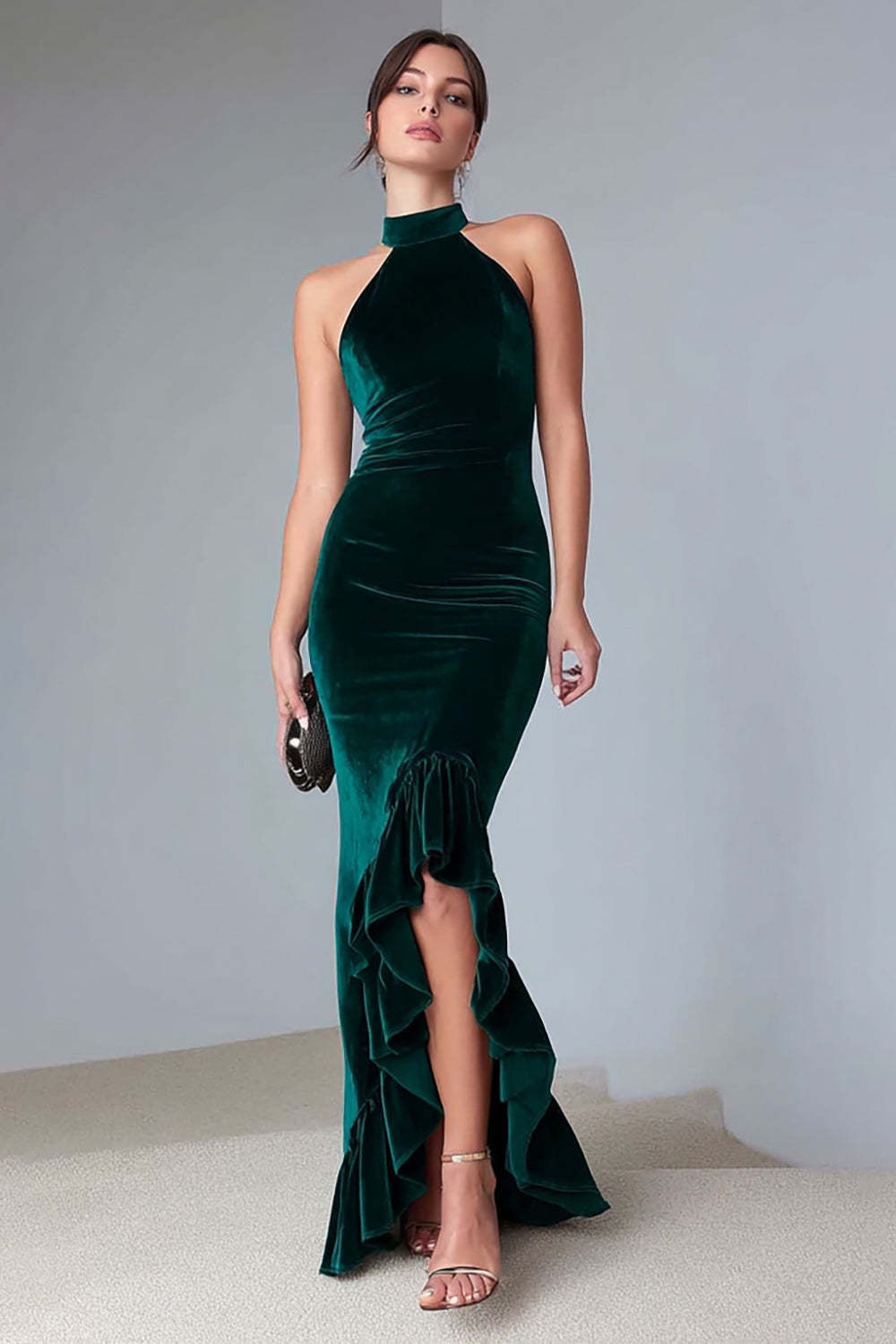 Leely Women Dark Green Long Halter Formal Dress with Slit Velvet Mermaid Ruffled Holiday Party Dress