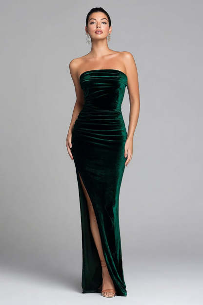 Leely Women Dark Green Velvet Long Holiday Party Dress with Slit Strapless Mermaid Ruched Formal Dress