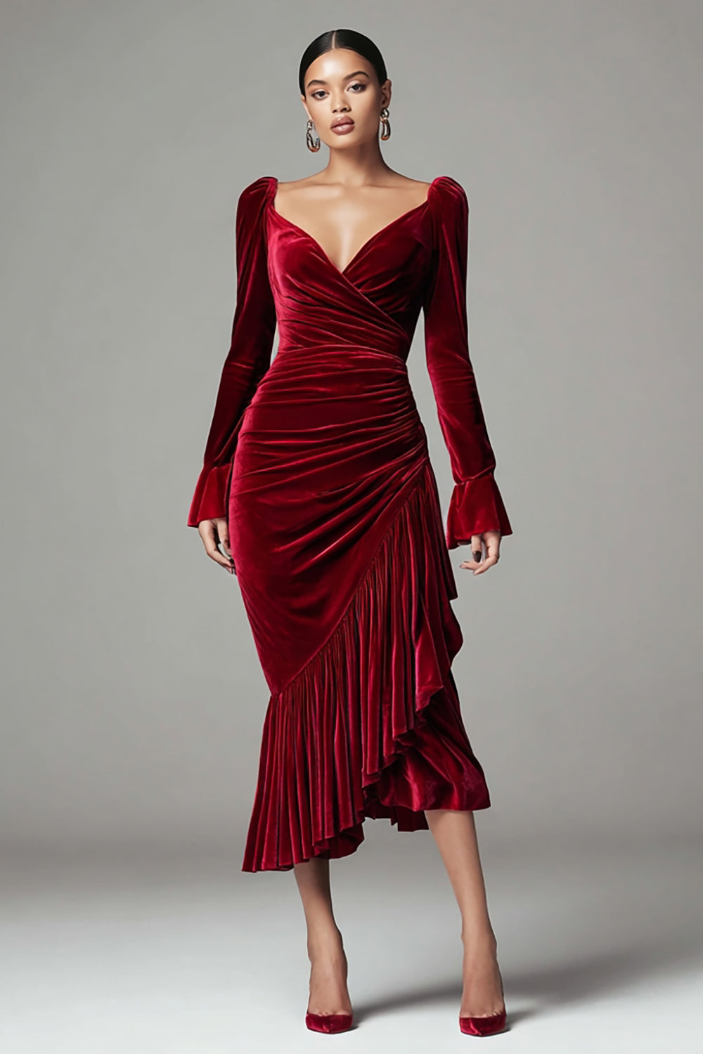 Leely Women Burgundy Mermaid Ruffled Holiday Party Dress Velvet Ruched Formal Dress with Sleeves