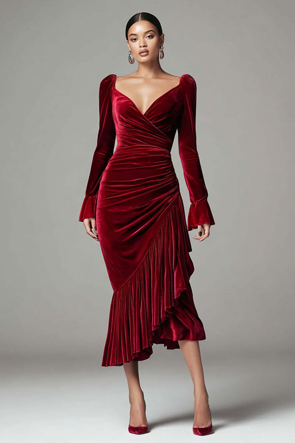 Leely Women Burgundy Mermaid Ruffled Holiday Party Dress Velvet Ruched Formal Dress with Sleeves