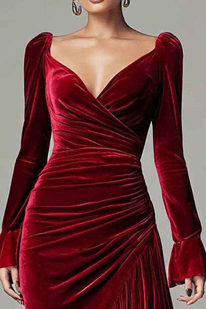 Burgundy Velvet Mermaid Ruched Holiday Party Dress with Ruffles
