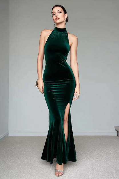 Leely Women Dark Green Mermaid Velvet Formal Dress with Slit Halter Long Holiday Party Dress