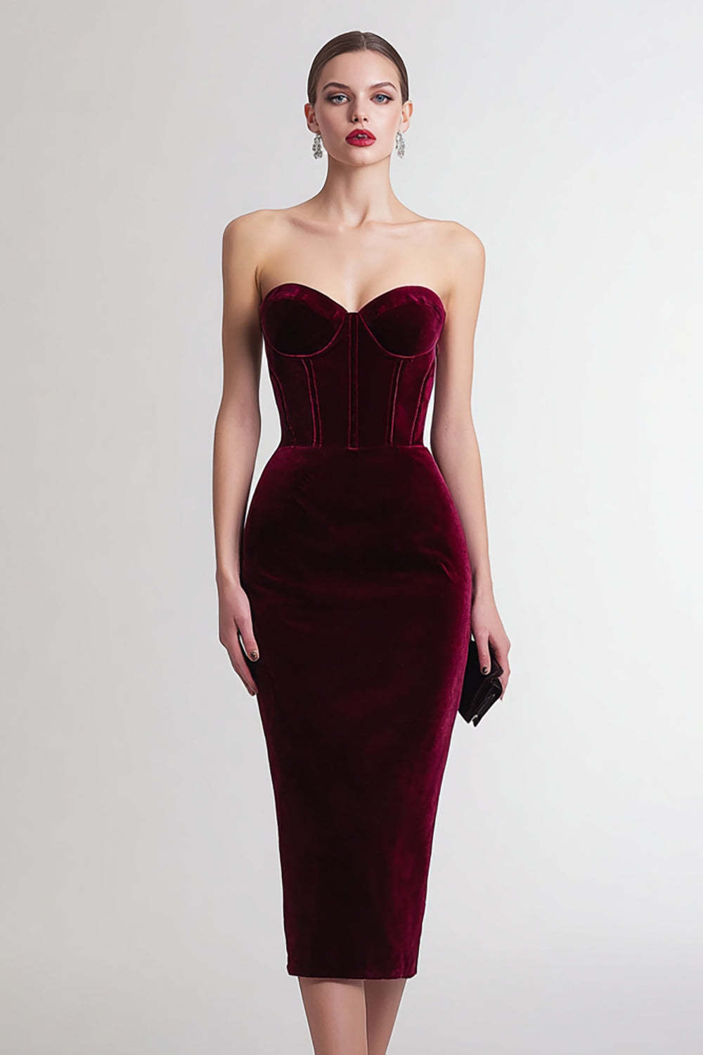Burgundy Sheath Corset Sweetheart Midi Velvet Holiday Party Dress