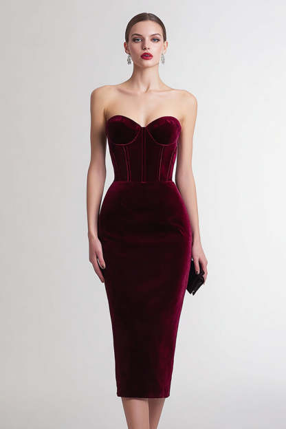Burgundy Sheath Corset Sweetheart Midi Velvet Holiday Party Dress
