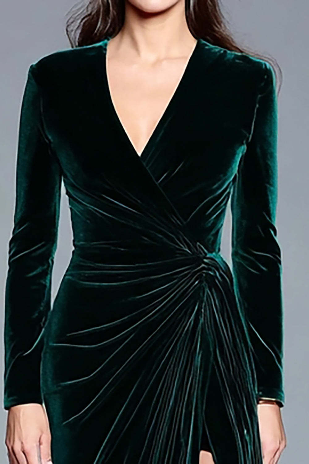 Dark Green Velvet V-Neck Long Sleeves Ruched Holiday Party Dress with Slit