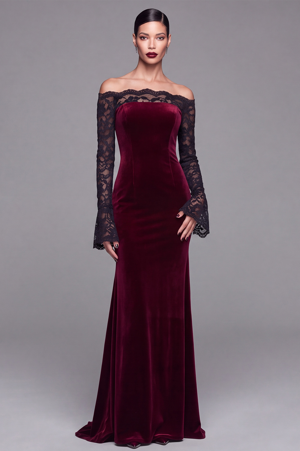 Elegant Burgundy Velvet Mermaid Long Holiday Party Dress with Lace