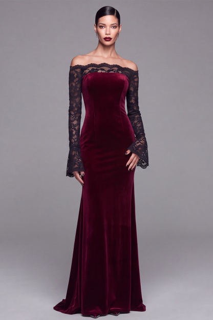 Elegant Burgundy Velvet Mermaid Long Holiday Party Dress with Lace