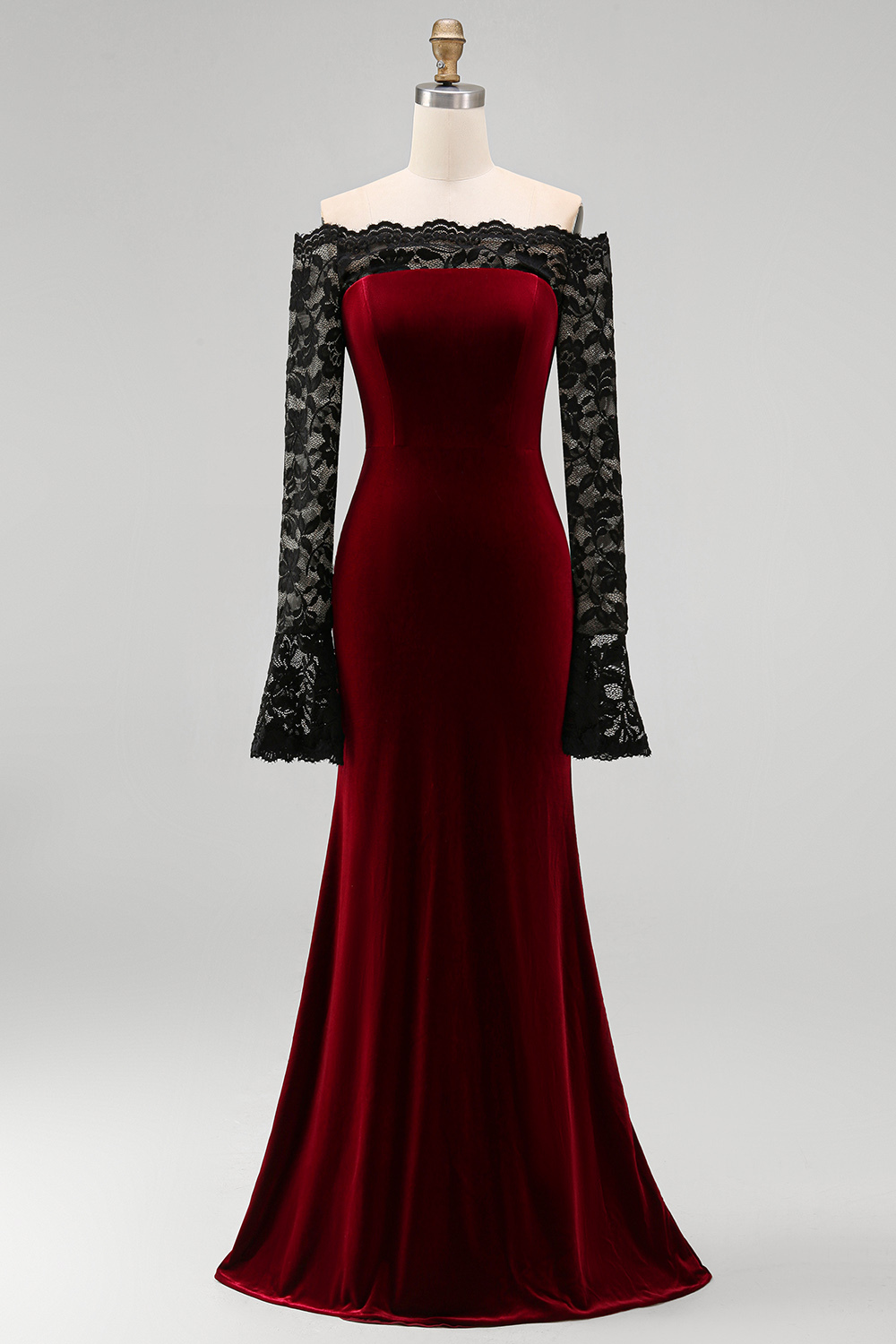 Elegant Burgundy Velvet Mermaid Long Holiday Party Dress with Lace