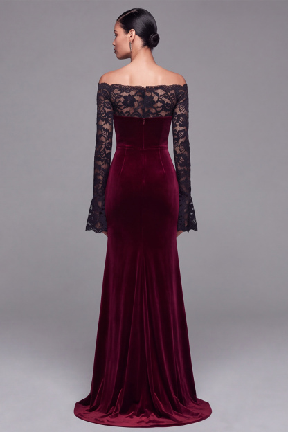 Elegant Burgundy Velvet Mermaid Long Holiday Party Dress with Lace