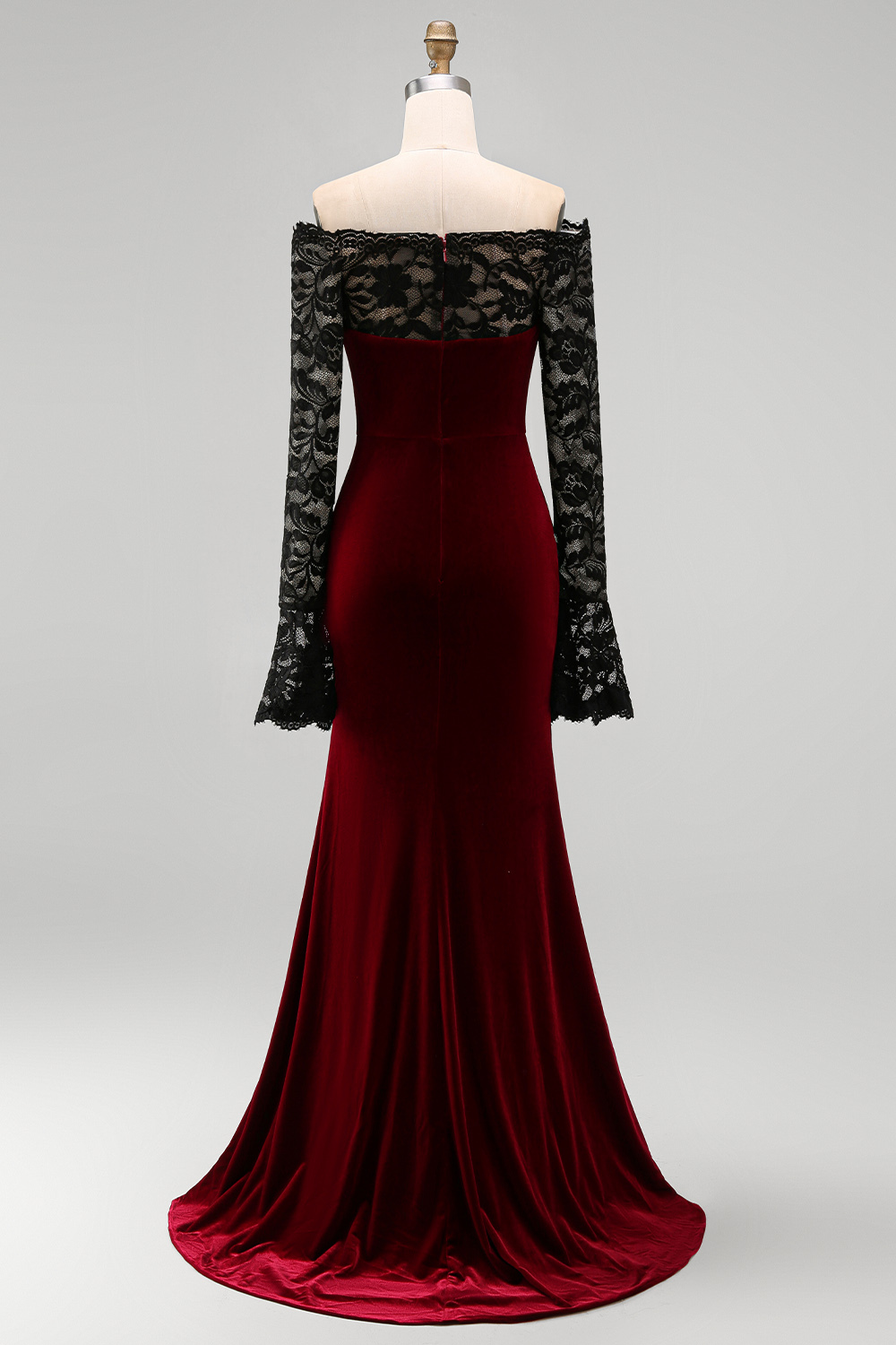 Elegant Burgundy Velvet Mermaid Long Holiday Party Dress with Lace