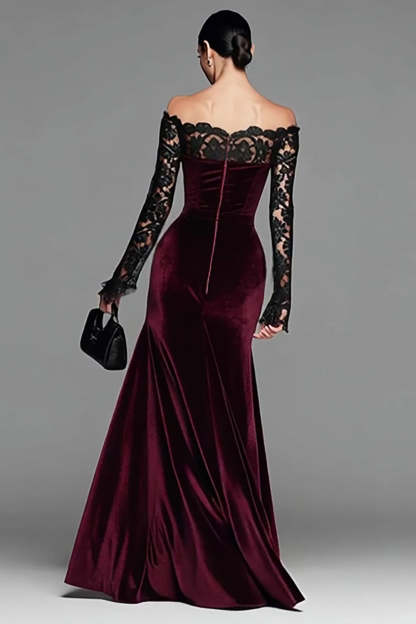 Elegant Burgundy Velvet Mermaid Long Holiday Party Dress with Lace