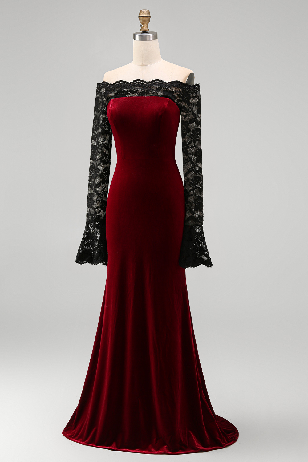 Elegant Burgundy Velvet Mermaid Long Holiday Party Dress with Lace