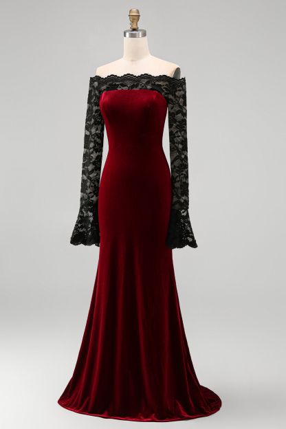 Elegant Burgundy Velvet Mermaid Long Holiday Party Dress with Lace