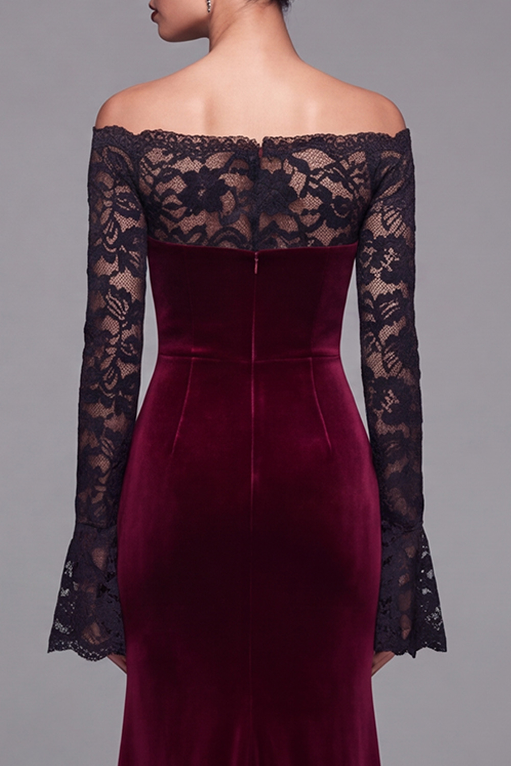 Elegant Burgundy Velvet Mermaid Long Holiday Party Dress with Lace