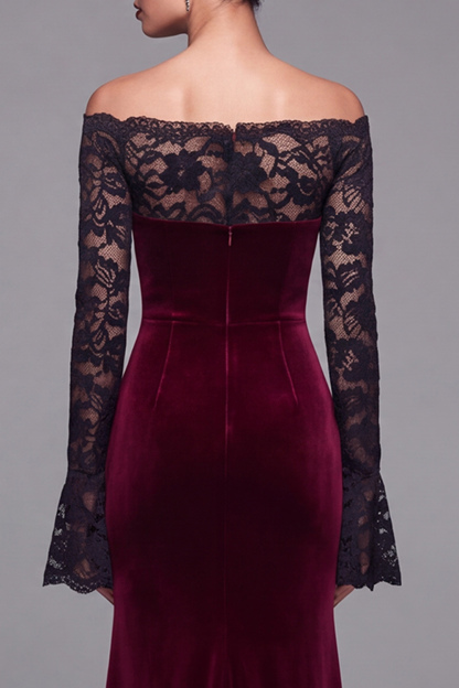 Elegant Burgundy Velvet Mermaid Long Holiday Party Dress with Lace