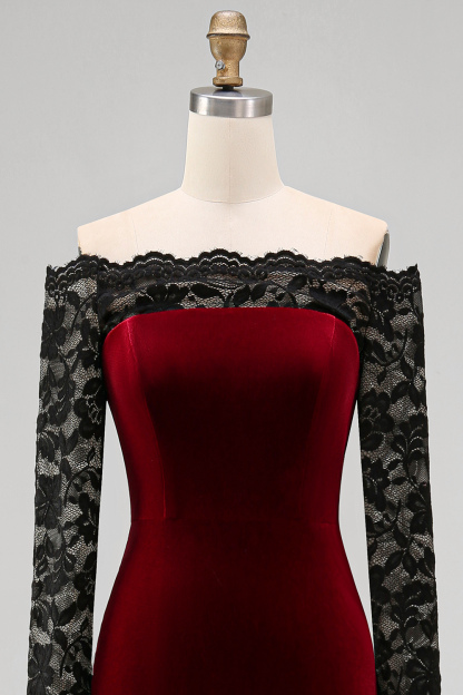 Elegant Burgundy Velvet Mermaid Long Holiday Party Dress with Lace