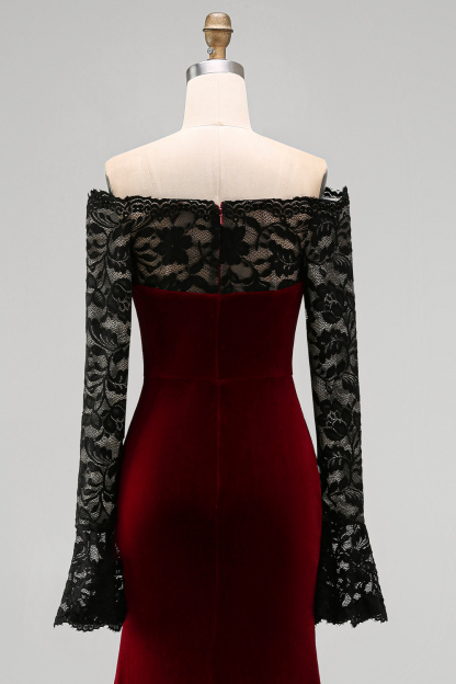 Elegant Burgundy Velvet Mermaid Long Holiday Party Dress with Lace