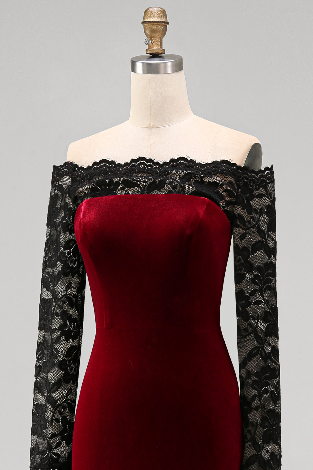 Elegant Burgundy Velvet Mermaid Long Holiday Party Dress with Lace