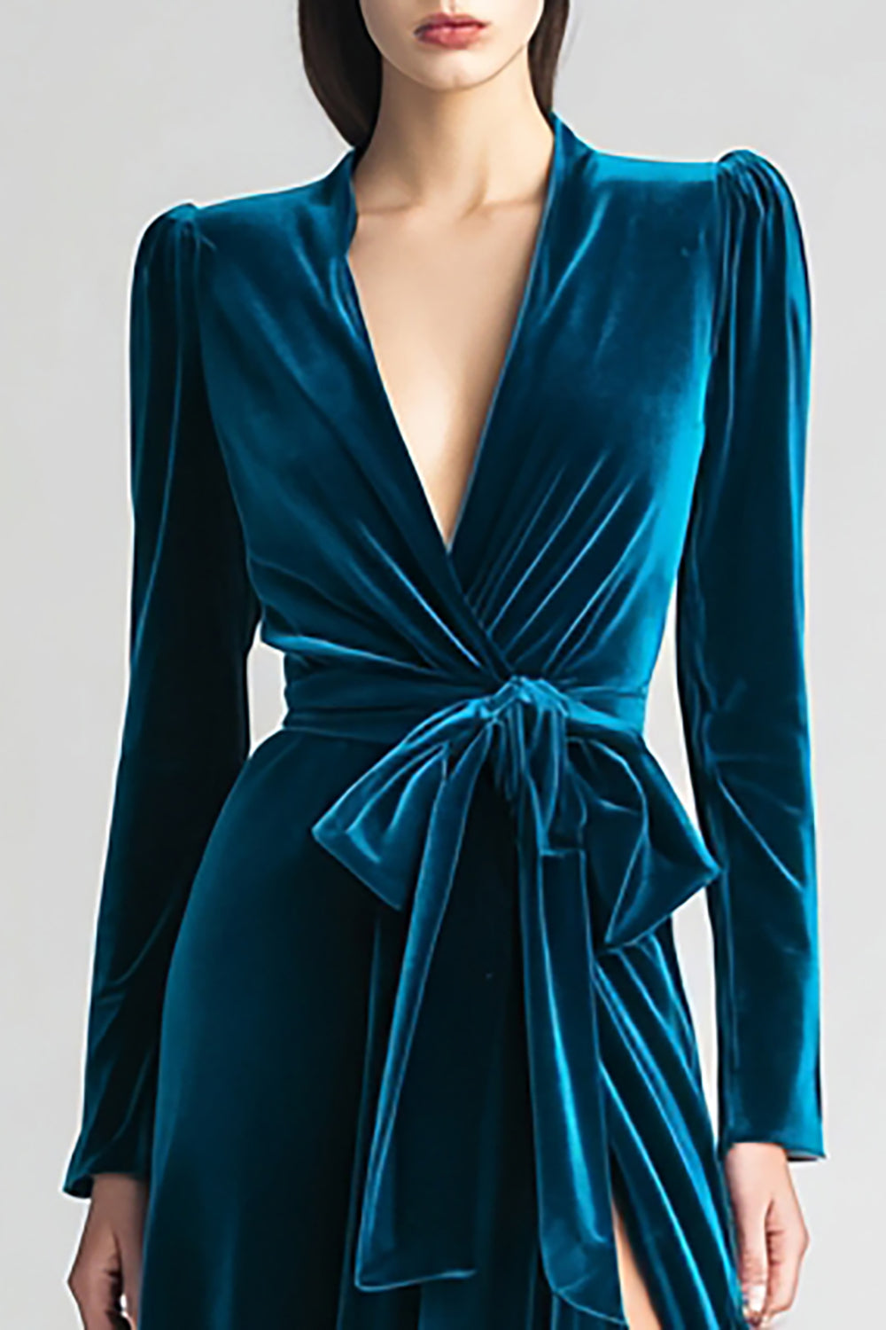 Peacock Blue Velvet Ruched Long Sleeves A Line Holiday Party Dress with Sash