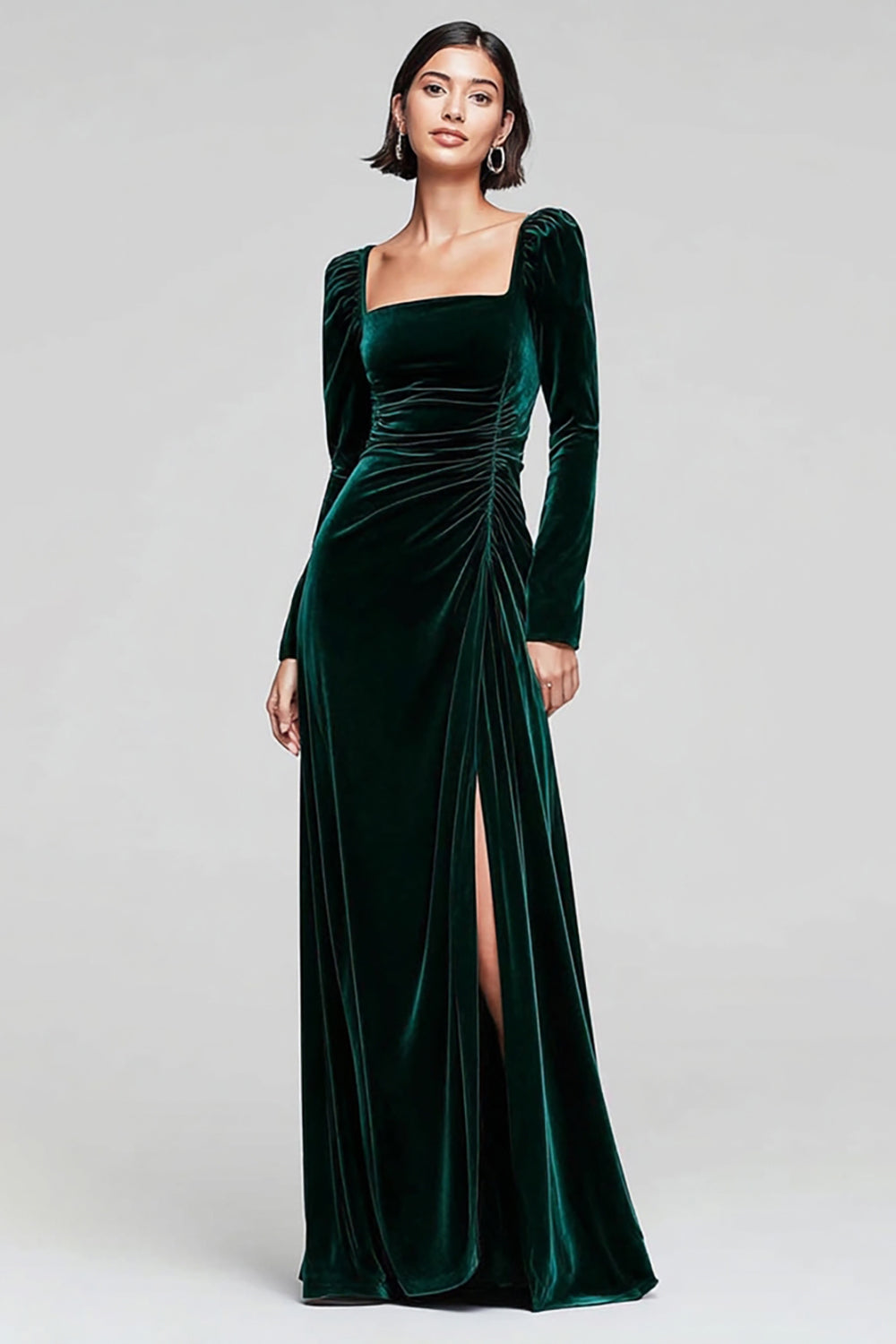 Dark Green Velvet Square Neck Long Sleeves Holiday Party Dress with Slit