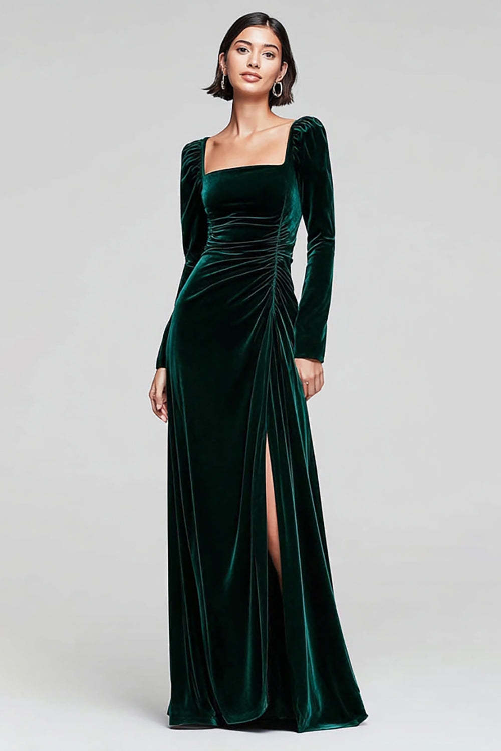 Leely Women Dark Green Velvet Maxi Holiday Party Dress with Slit Sheath Square Neck Ruched Backless Long Sleeves Formal Dress