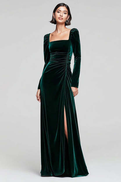 Leely Women Dark Green Velvet Maxi Holiday Party Dress with Slit Sheath Square Neck Ruched Backless Long Sleeves Formal Dress