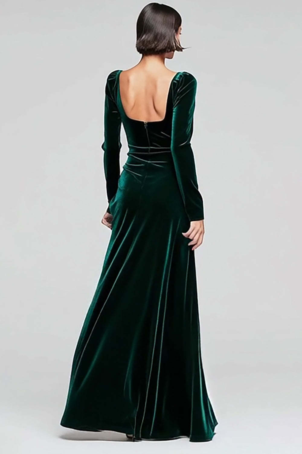Dark Green Velvet Square Neck Long Sleeves Holiday Party Dress with Slit