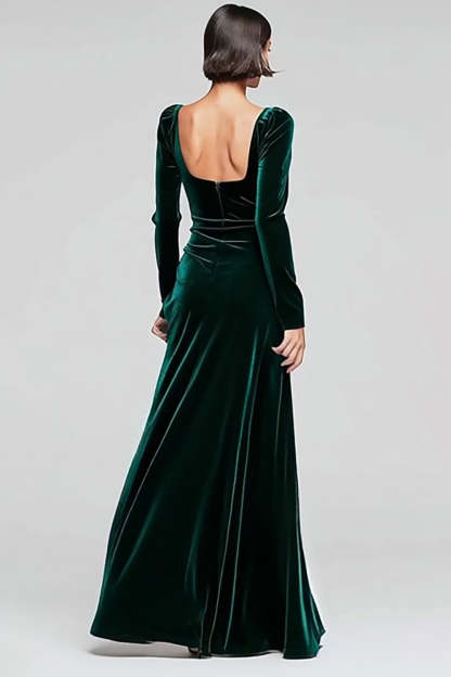 Dark Green Velvet Square Neck Long Sleeves Holiday Party Dress with Slit