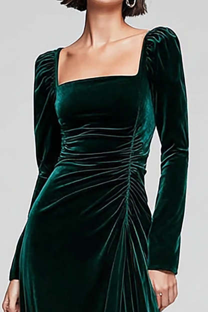 Dark Green Velvet Square Neck Long Sleeves Holiday Party Dress with Slit