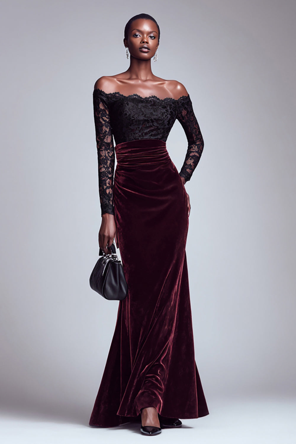 Black and Burgundy Velvet Long Holiday Party Dress with Lace