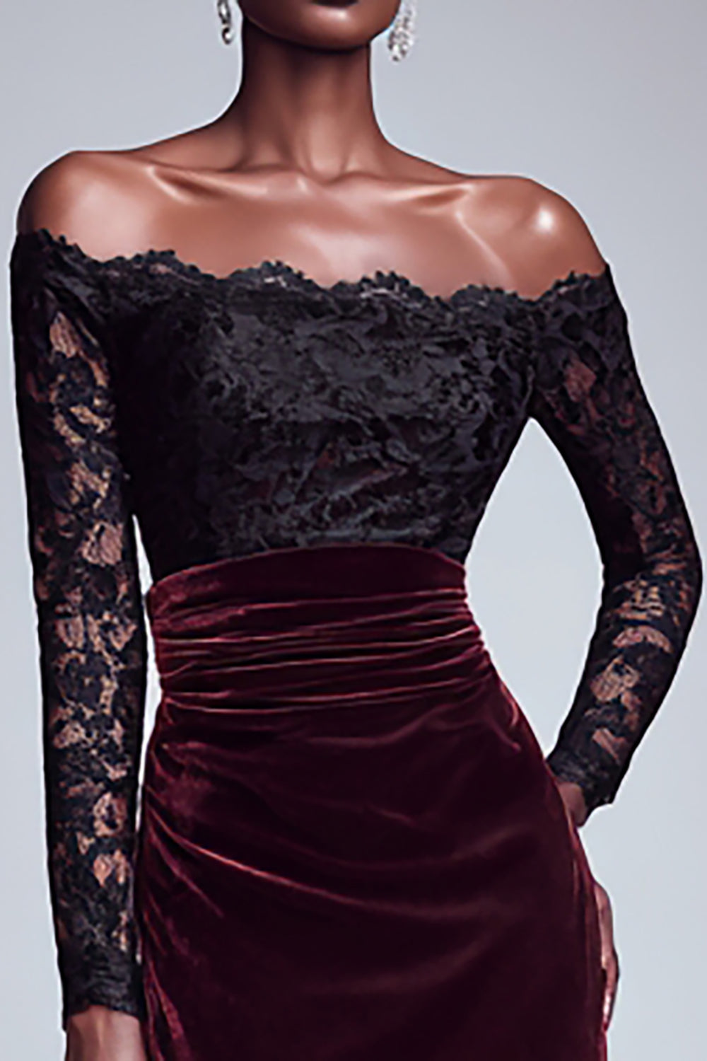 Black and Burgundy Velvet Long Holiday Party Dress with Lace