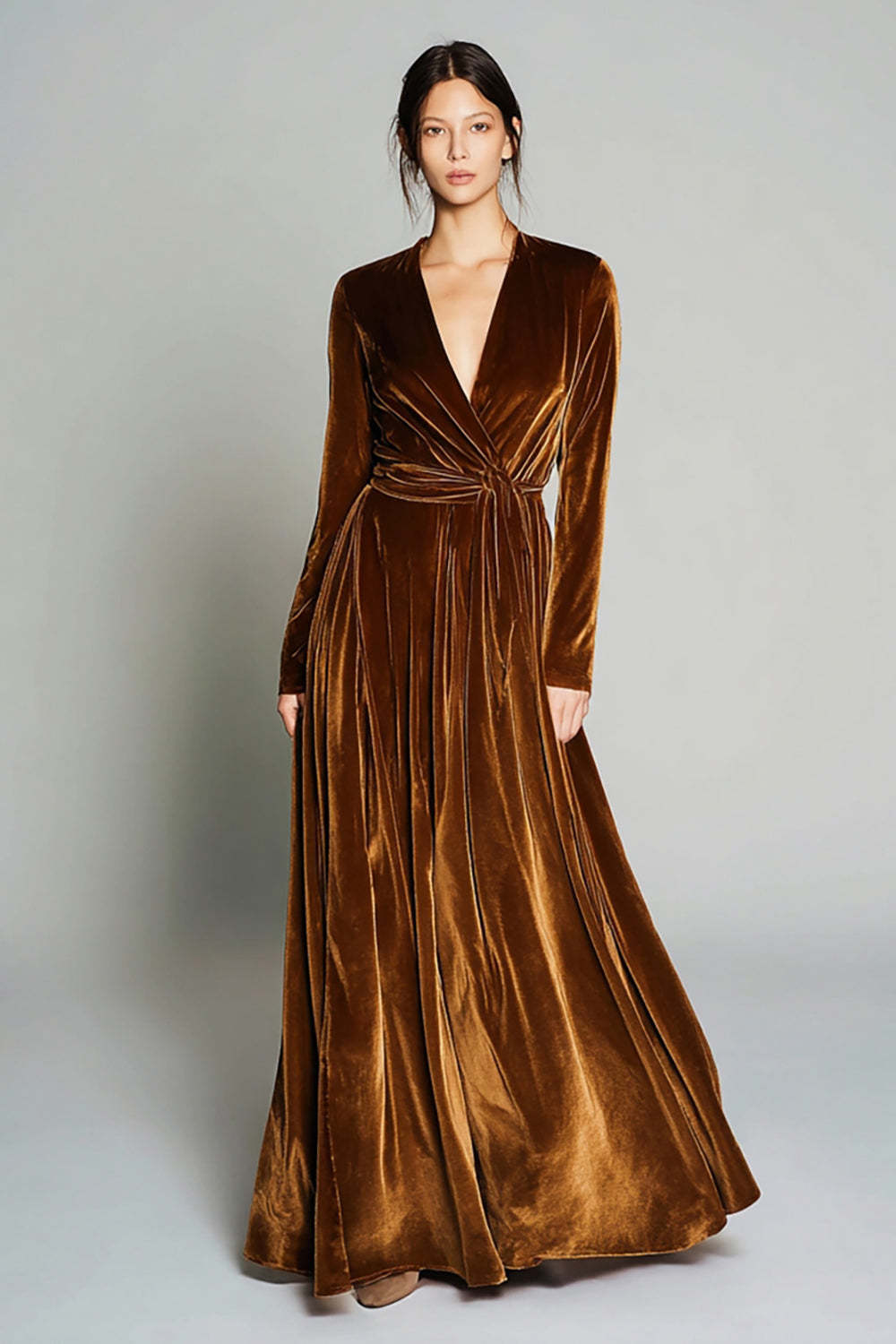 Leely Women Brown Velvet Holiday Party Dress A Line V-Neck Pleated Long Sleeves Formal Dress
