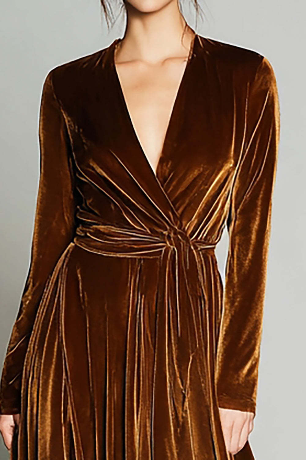 Brown Velvet A Line Long Sleeves Pleated Holiday Party Dress