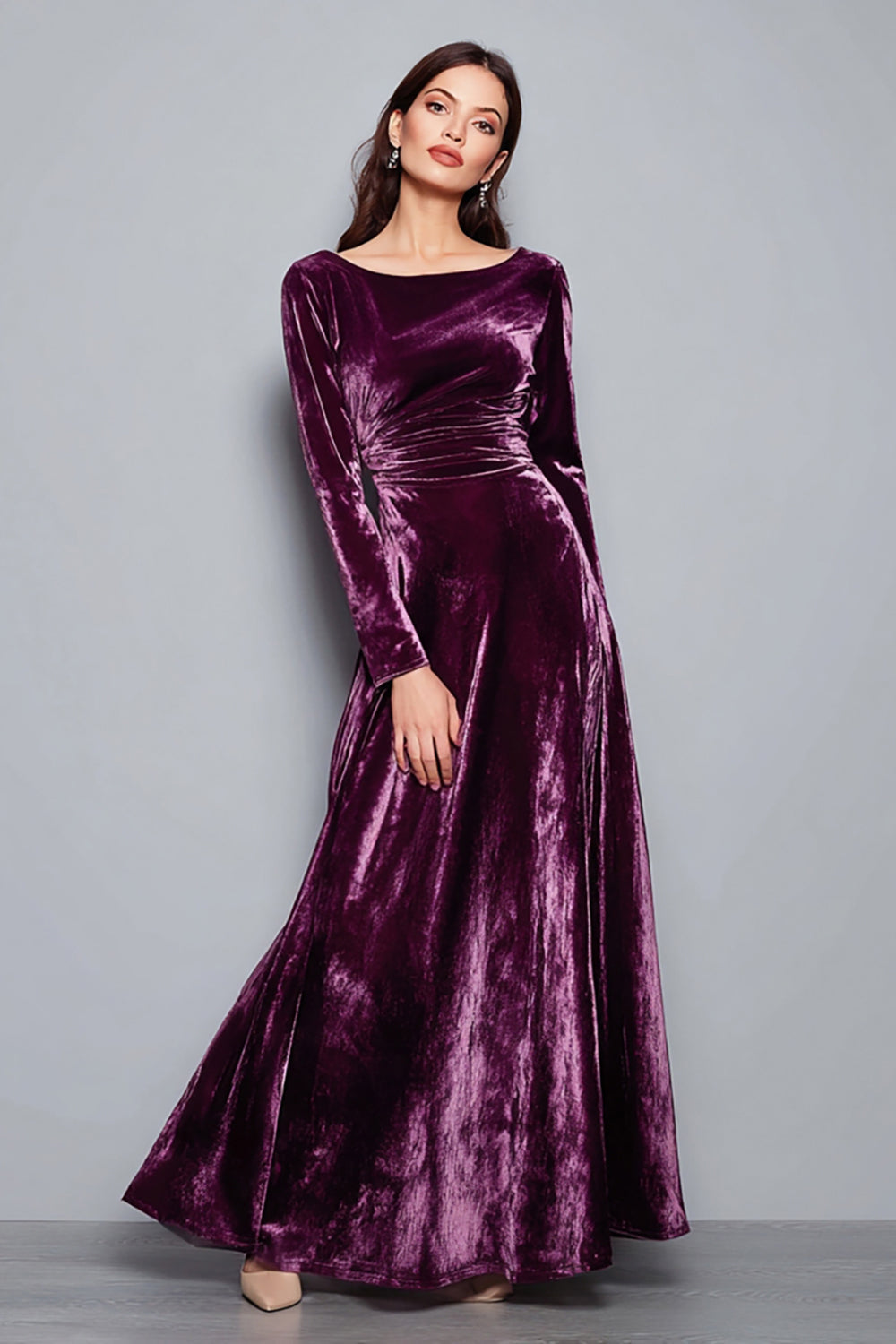Leely Women Plum Velvet Holiday Party Dress A Line Boat Neck Ruched Long Sleeves Formal Dress