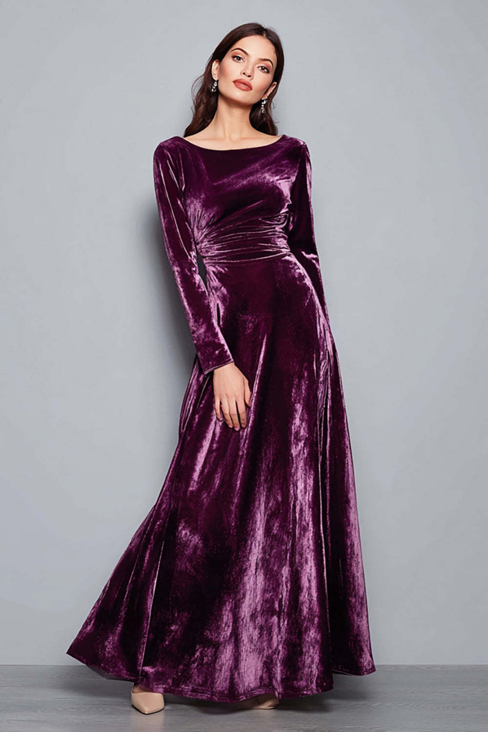 Leely Women Plum Velvet Holiday Party Dress A Line Boat Neck Ruched Long Sleeves Formal Dress