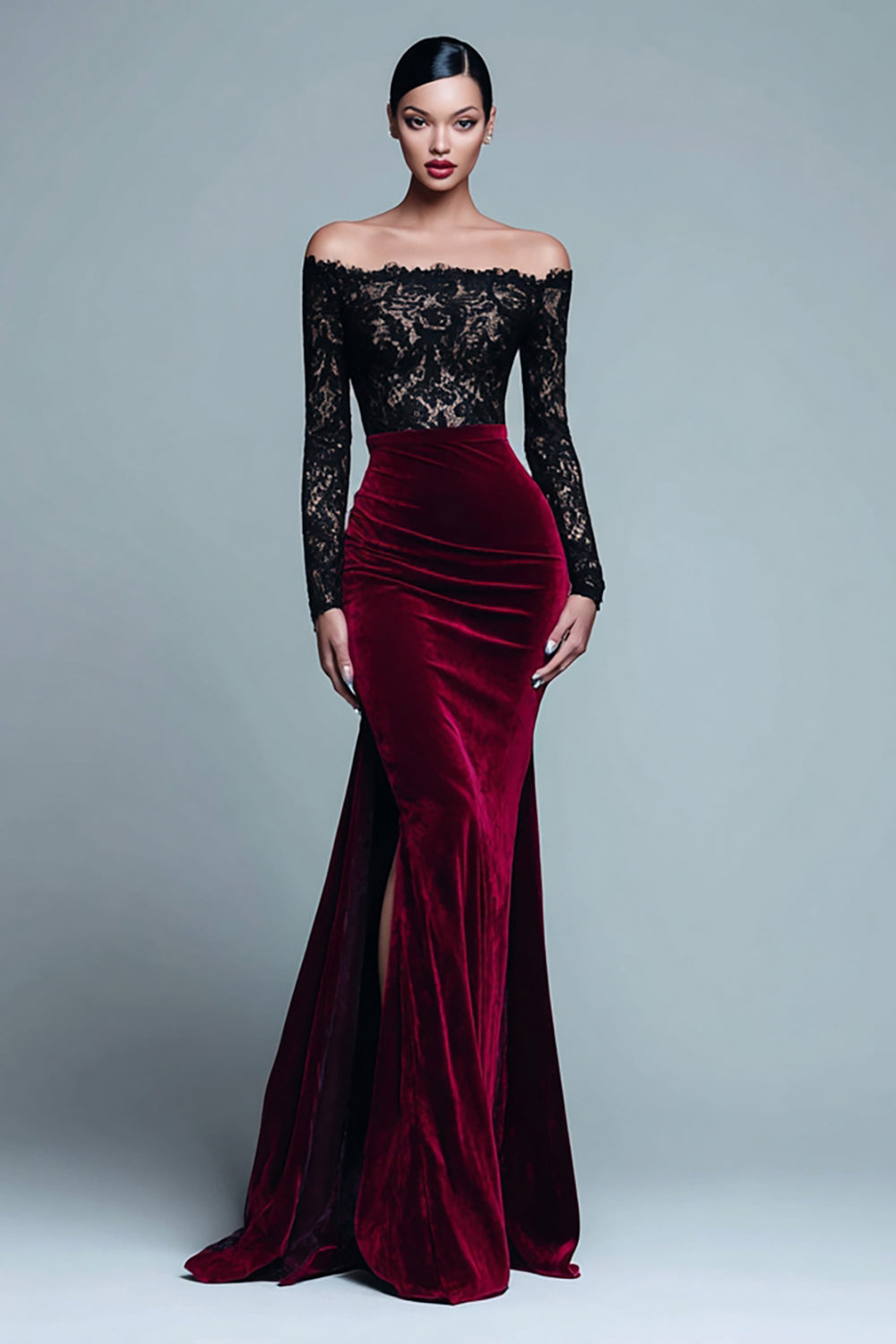 Mermaid Black and Burgundy Velvet Long Sleeves Holiday Party Dress with Lace