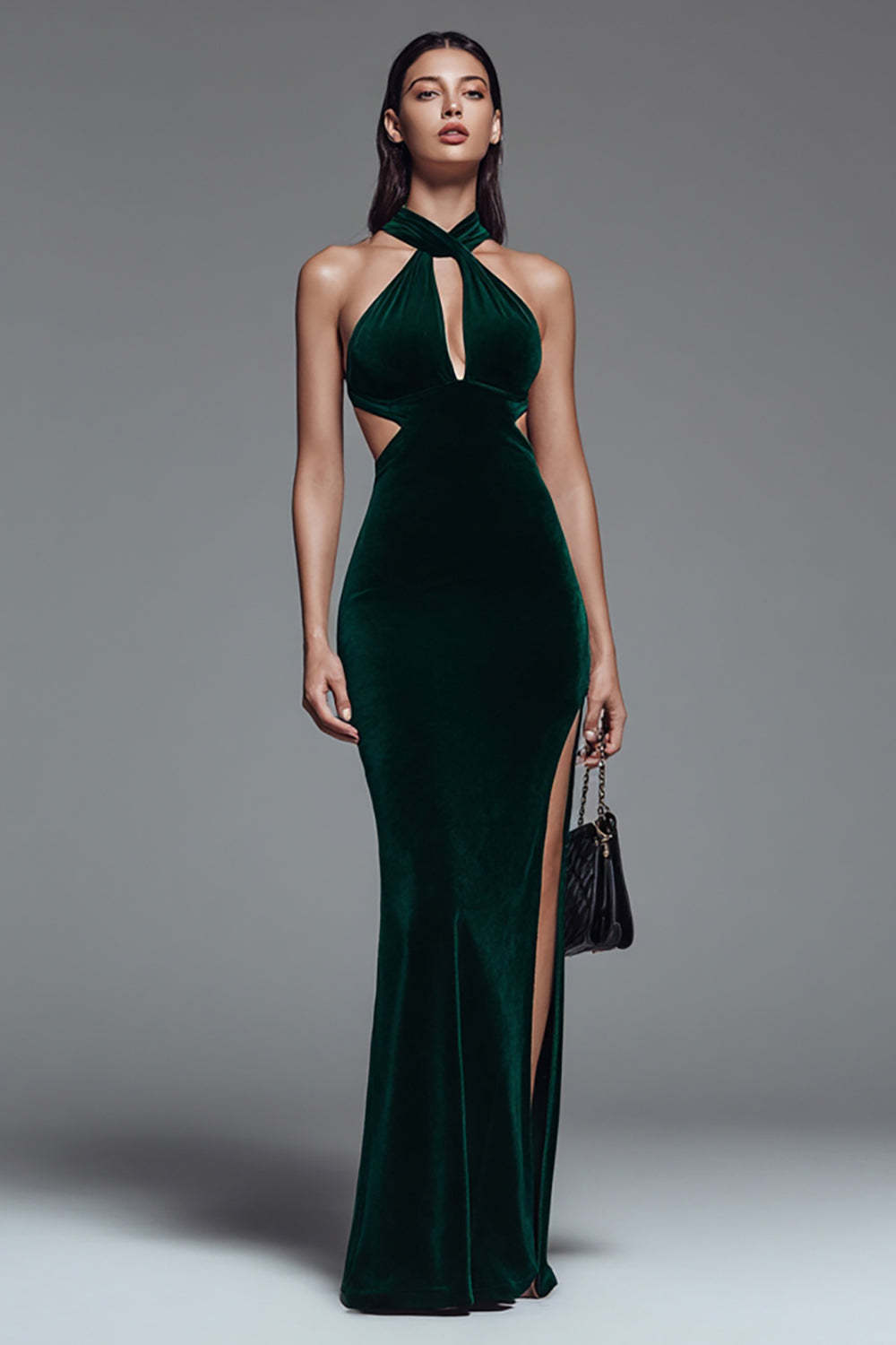 Leely Women Dark Green Velvet Maxi Holiday Party Dress with Slit Halter Mermaid Keyhole Cut Out Formal Dress