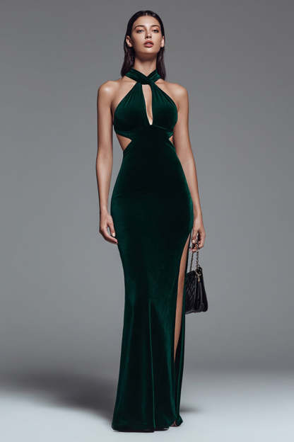 Leely Women Dark Green Velvet Maxi Holiday Party Dress with Slit Halter Mermaid Keyhole Cut Out Formal Dress