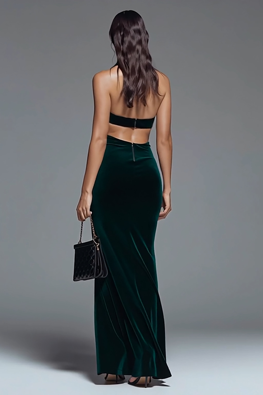 Dark Green Velvet Mermaid Cut Out Maxi Holiday Party Dress with Slit