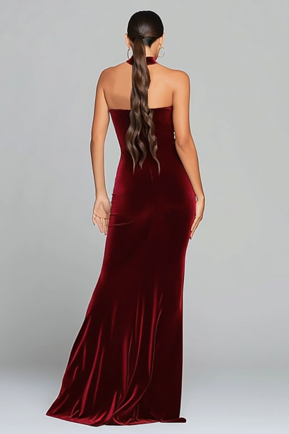 Burgundy Velvet Halter Keyhole Mermaid Maxi Holiday Party Dress with Slit