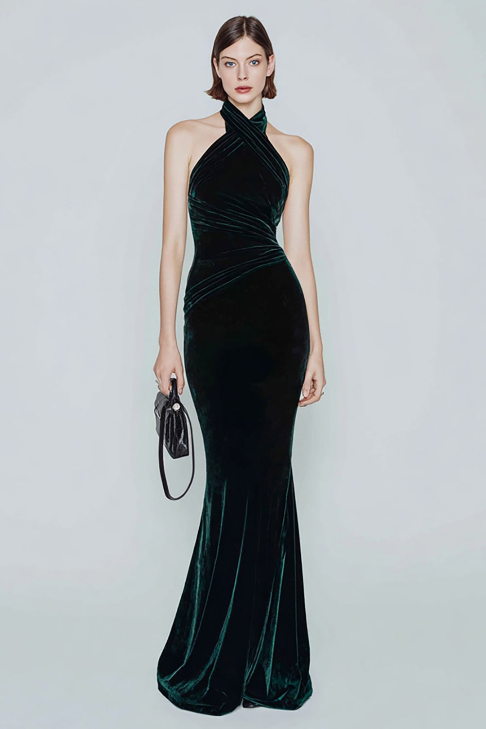 Gorgeous Dark Green Halter Velvet Mermaid Long Holiday Party Dress