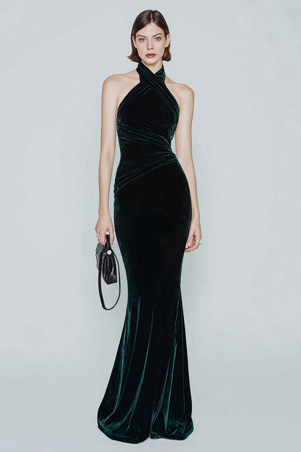 Leely Women Gorgeous Dark Green Velvet Long Holiday Party Dress Mermaid Halter Formal Dress