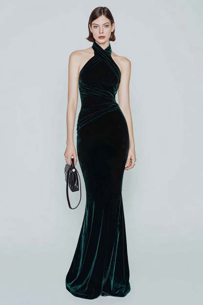 Leely Women Gorgeous Dark Green Velvet Long Holiday Party Dress Mermaid Halter Formal Dress