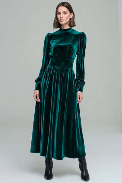 Leely Women Peacock Green Velvet Maxi Holiday Party Dress A Line Long Sleeves Formal Dress
