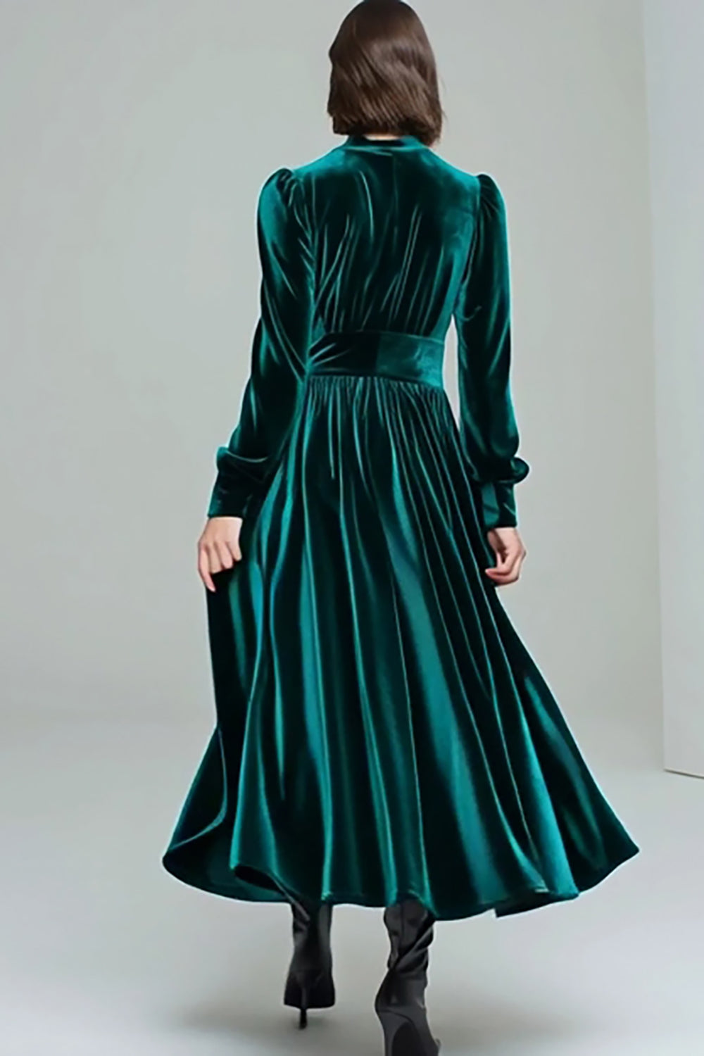 Velvet Long Peacock Green A Line Holiday Party Dress with Sleeves
