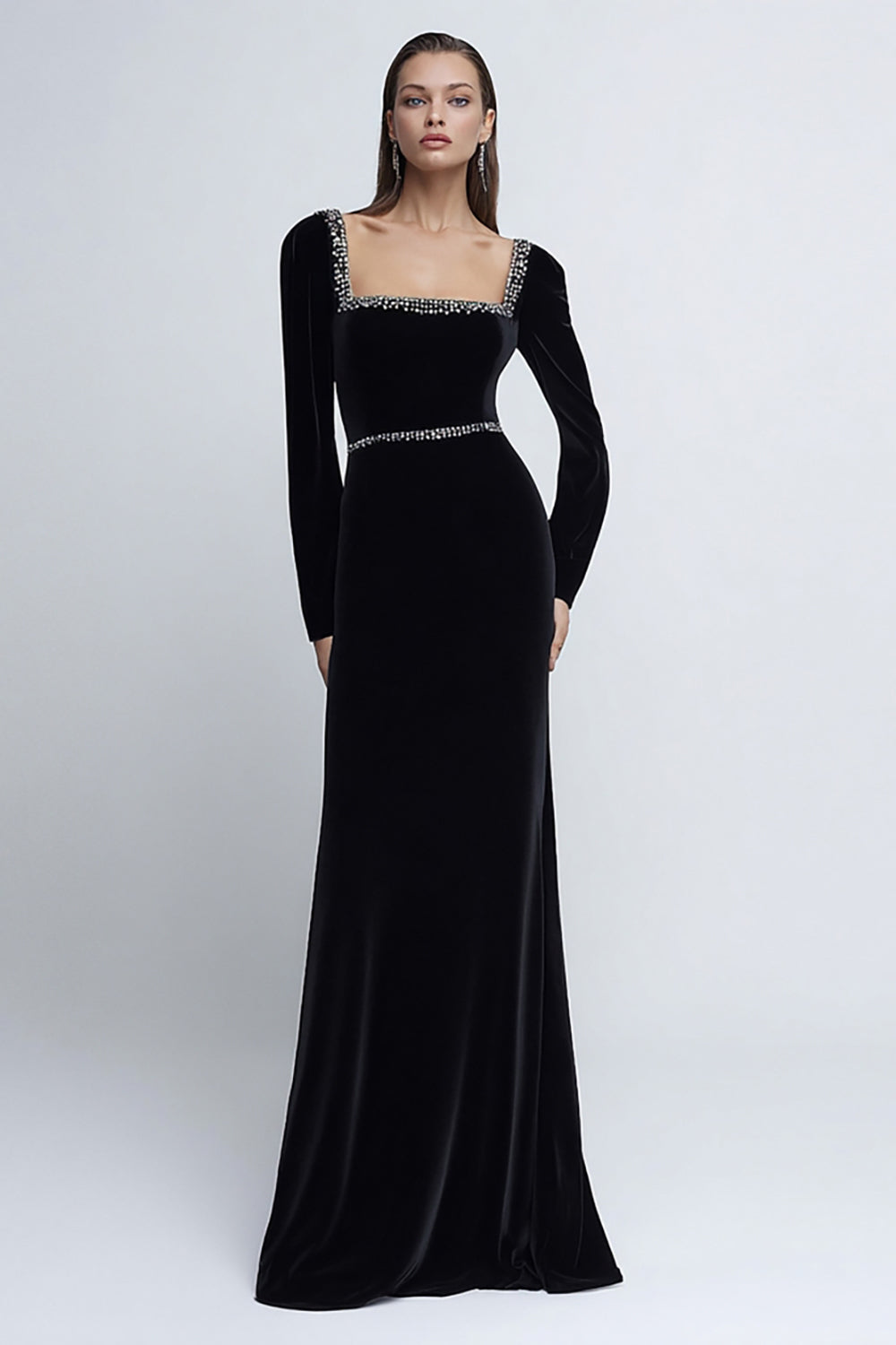 Leely Women Sparkly Black Velvet Maxi Holiday Party Dress Sheath Square Neck Long Sleeves Formal Dress with Beading