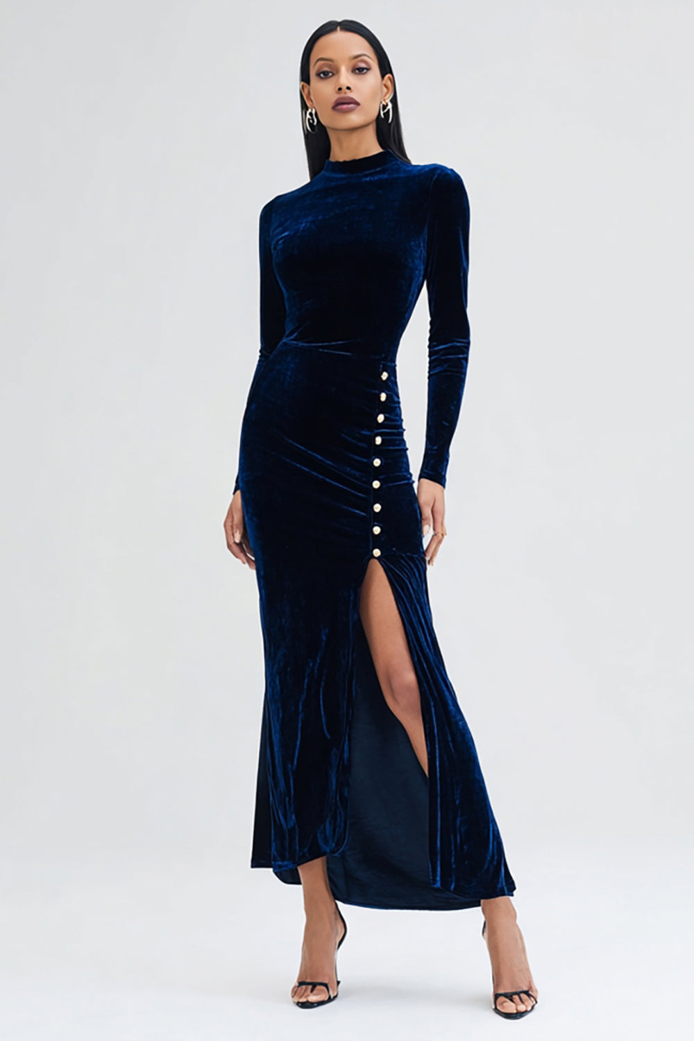 Leely Women Navy Velvet Maxi Holiday Party Dress with Slit Mermaid High Neck Long Sleeves Formal Dress