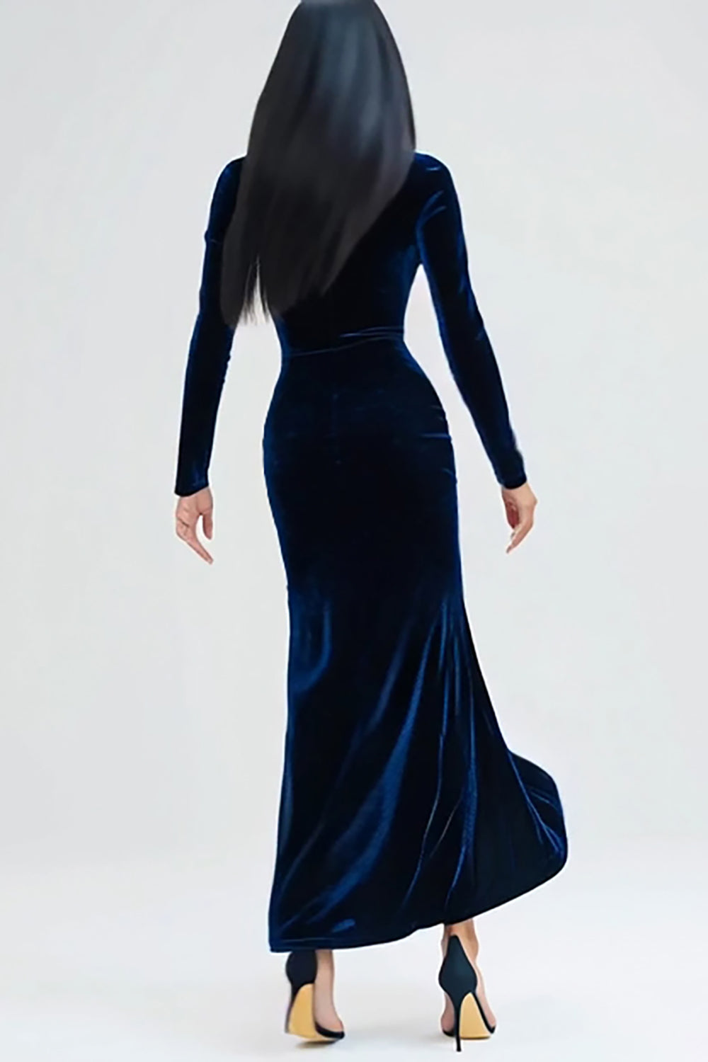 Navy Velvet Mermaid Long Sleeves High Neck Holiday Party Dress with Slit