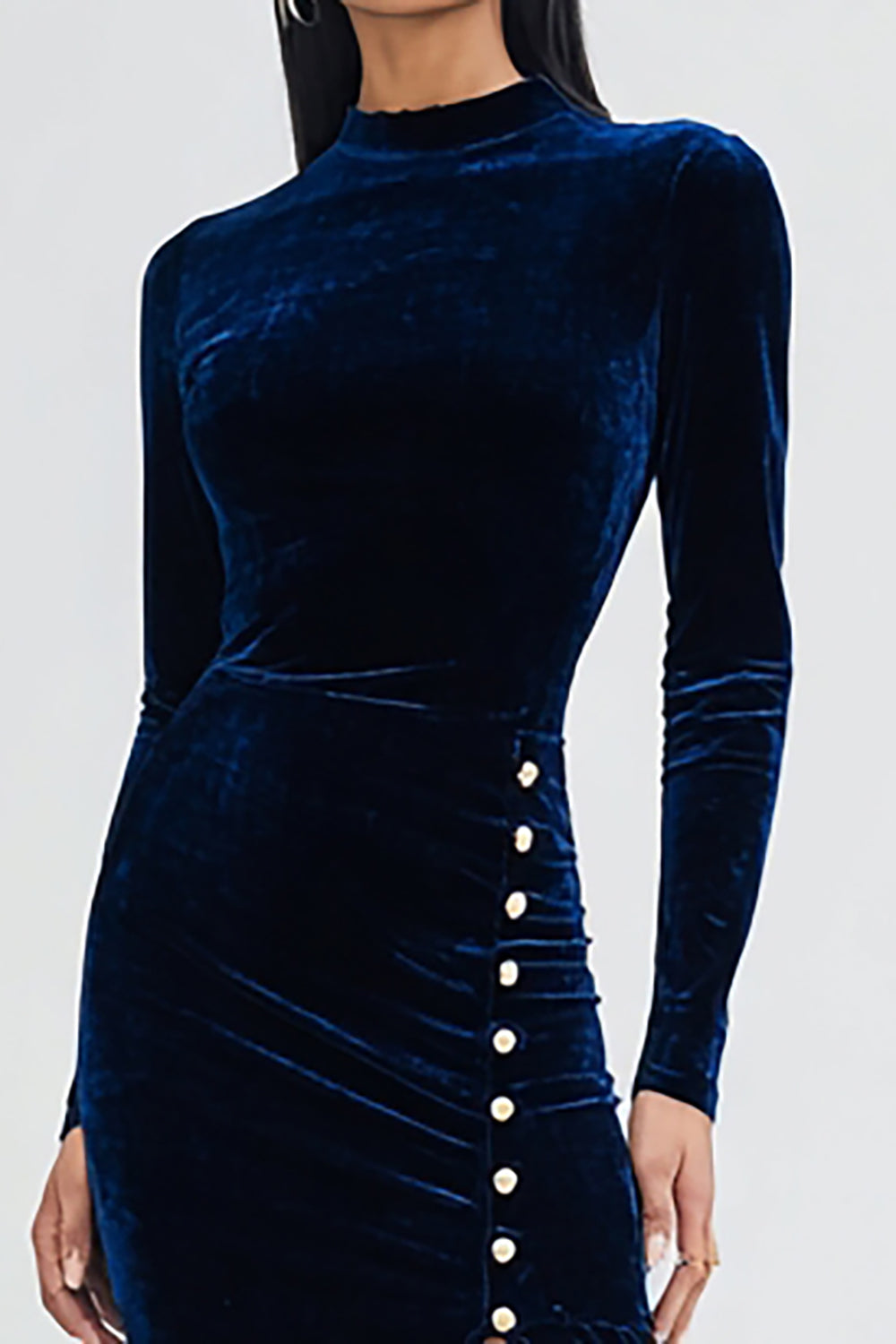 Navy Velvet Mermaid Long Sleeves High Neck Holiday Party Dress with Slit